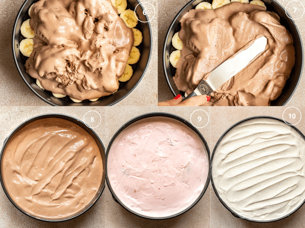 step by step photos layering ice cream on the banana split ice cream pie. 