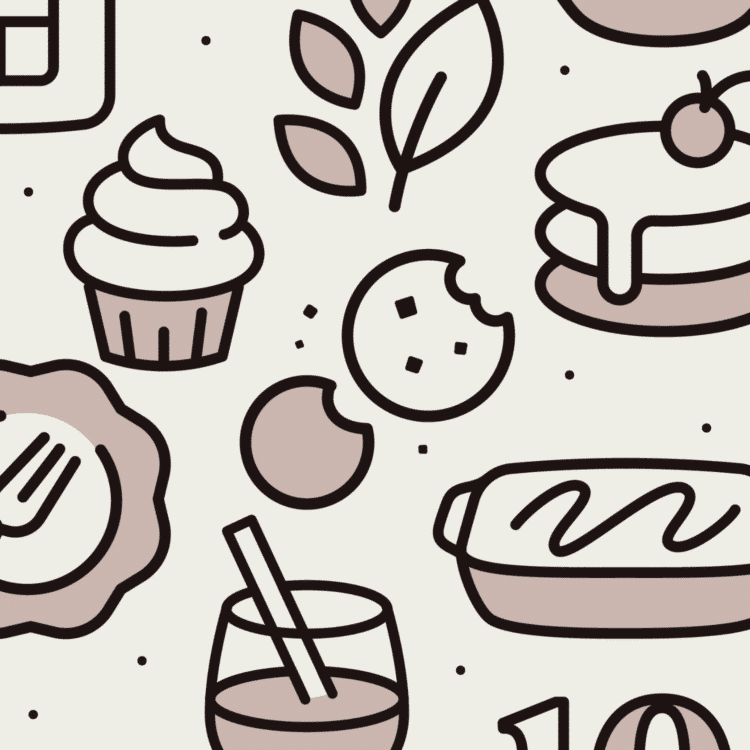 drawings of cupcake, cookies, leaves, drink, pancakes, and casserole dish