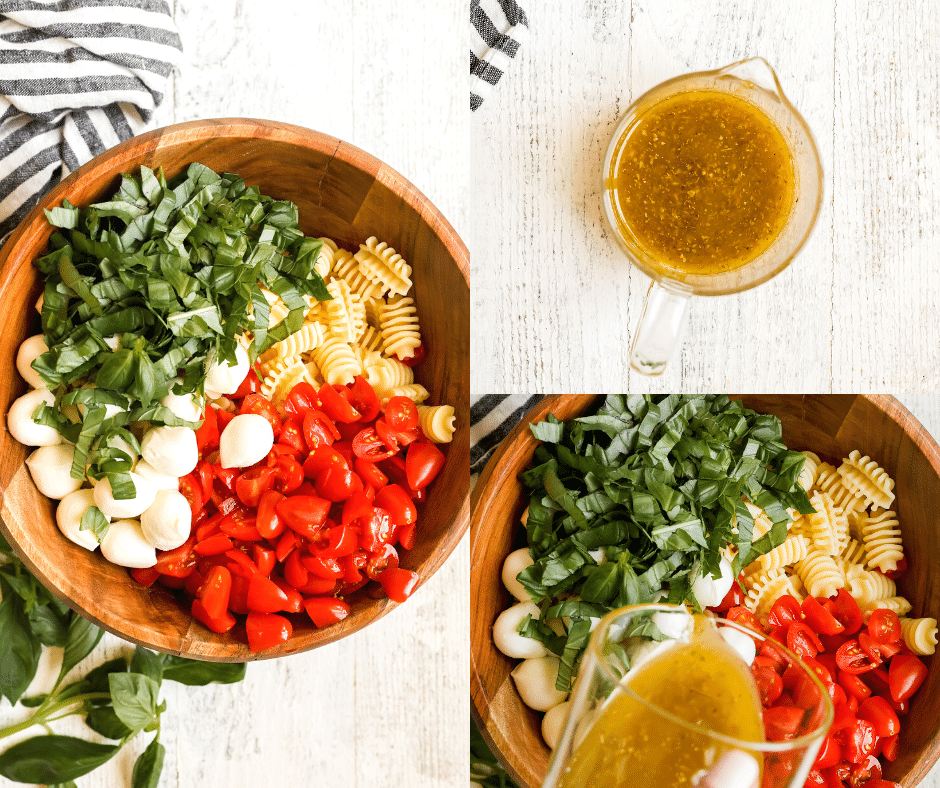 pasta salad in a wooden bowl with dressing being poured on top.