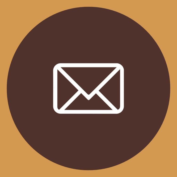 white illustration of an envelope in a brown circle on a gold background