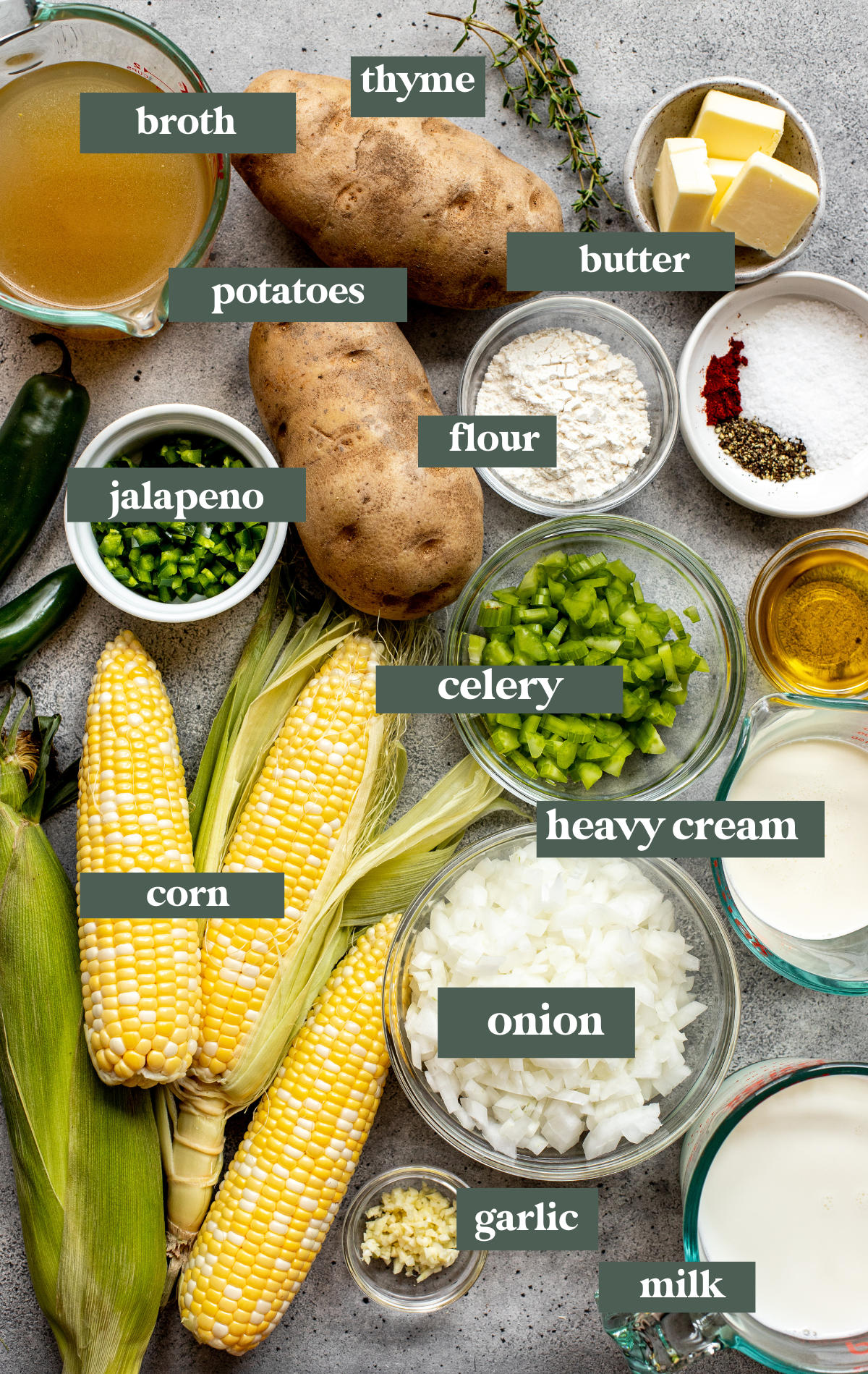 ingredients to make chowder in small glass dishes.