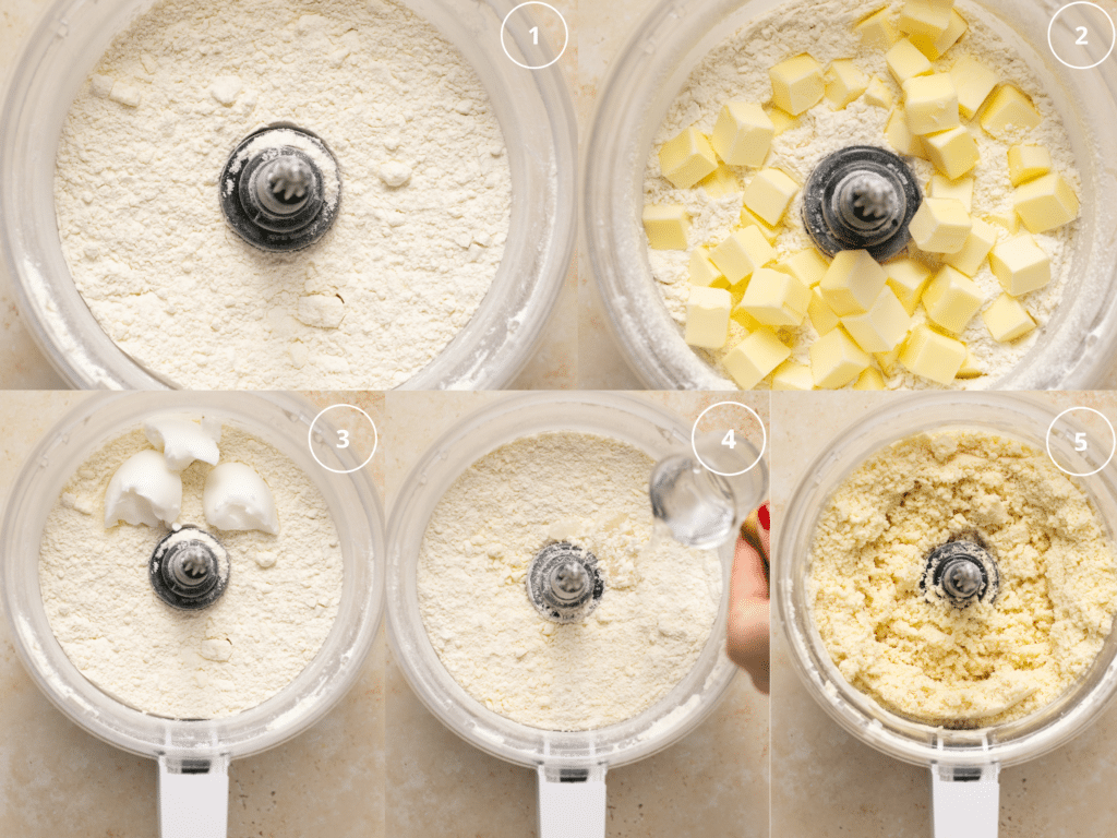 step by step photos showing how to make a pie dough in a food processor. 