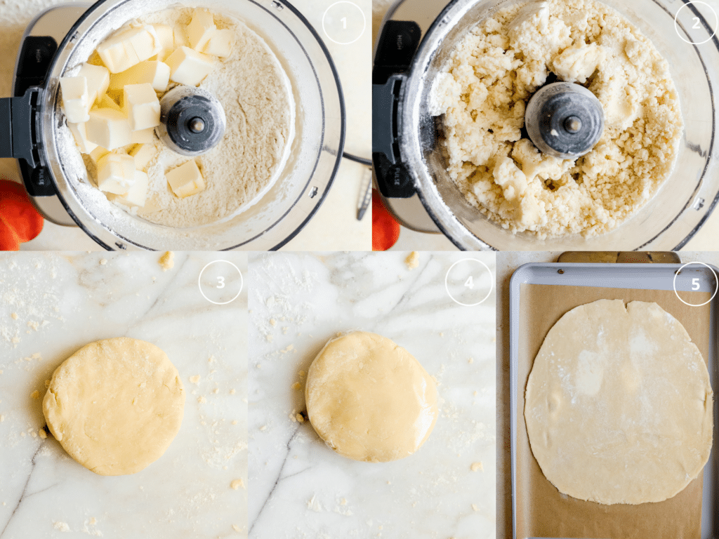 step by step photos making pie dough in a food processor. 