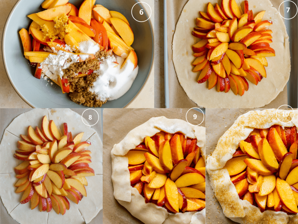 step by step photos showing how to arrange peaches on the galette. 