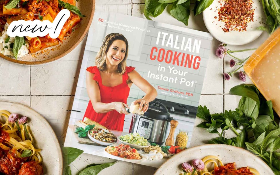 italian cooking in your instant pot cookbook surrounded by plates of food and herbs