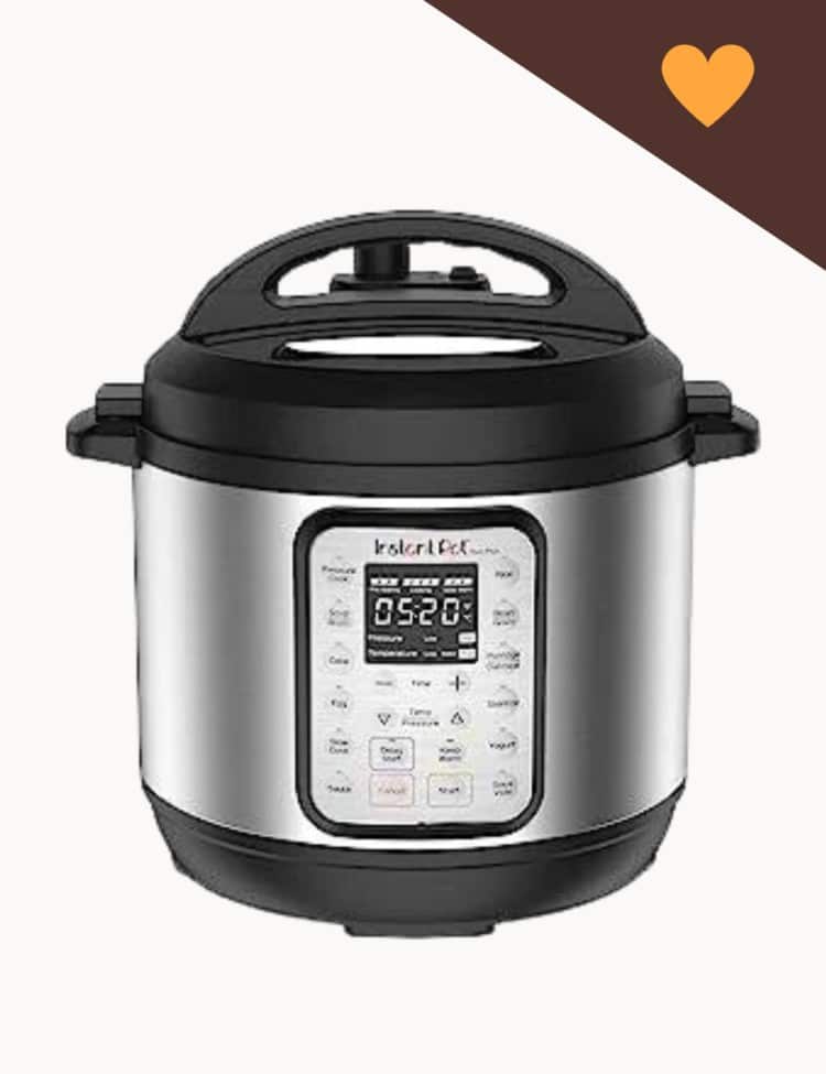 an instant pot on a white background with a brown triangle and yellow heart in the upper right corner