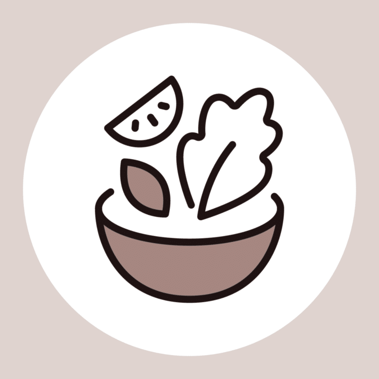 drawing of a salad in a white circle on a light pink background