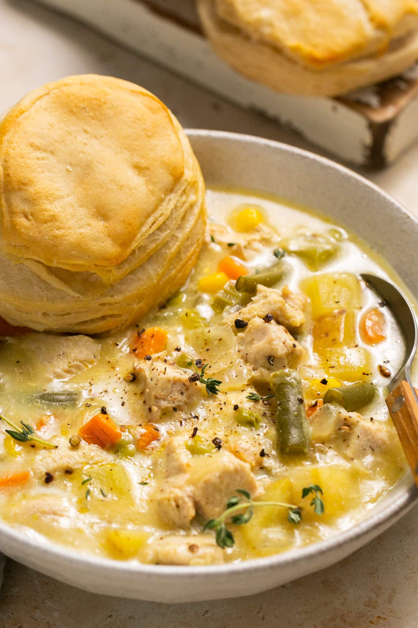 chicken soup in a bowl with a biscuit on the side. 