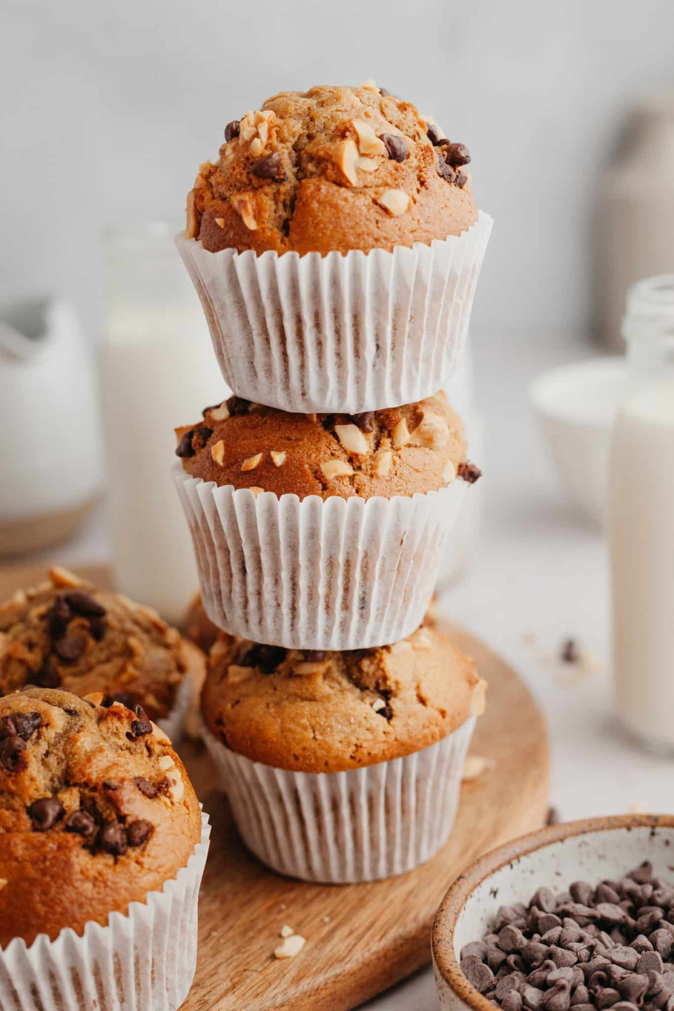 peanut butter muffins stacked on top of each other. 