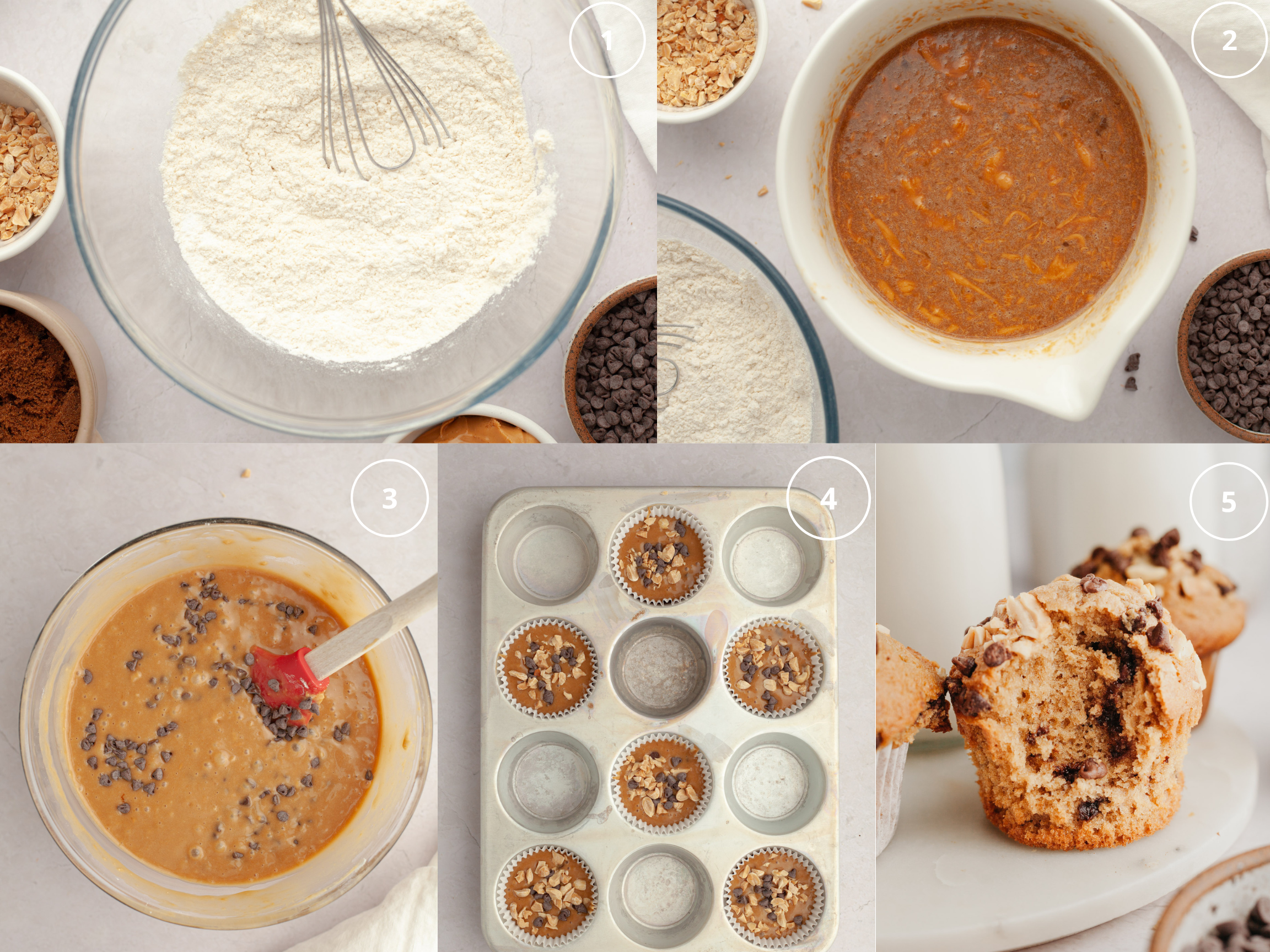 step by step photos showing how to make muffins made with peanut butter and chocolate chips. 