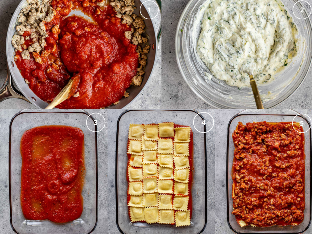 Step by step photos of putting together ravioli lasagna. 