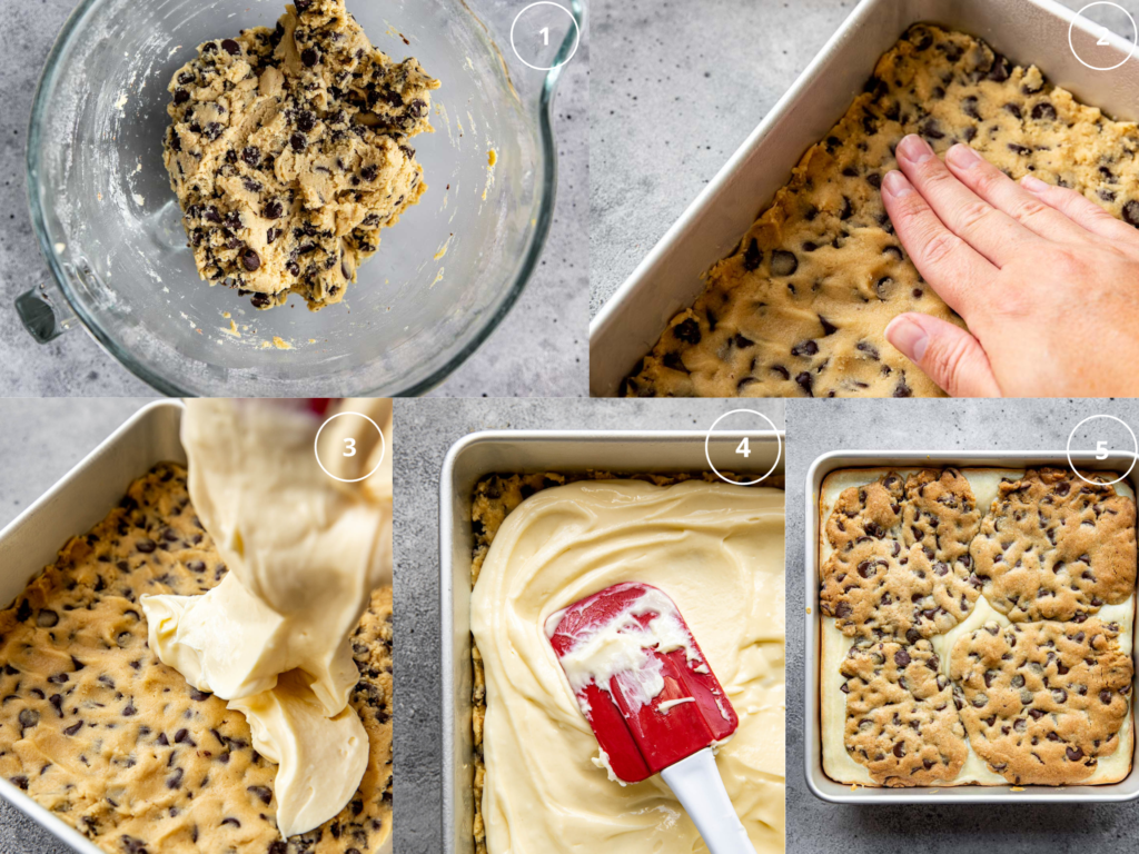 Step by step photos making cheesecake bars with cookie dough.