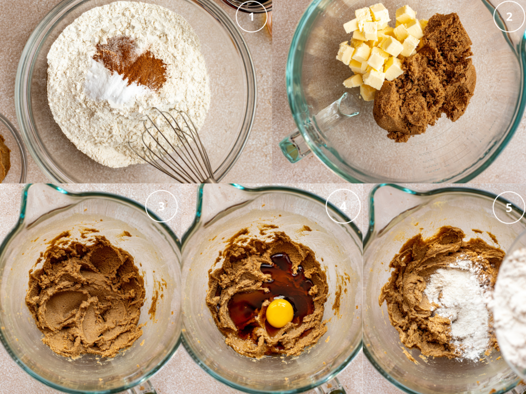 step by step photos making cookie dough in a glass mixing bowl.