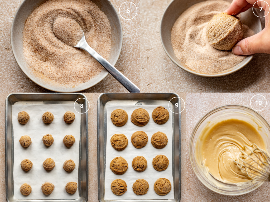 step by step photos of rolling cookies in cinnamon sugar. 