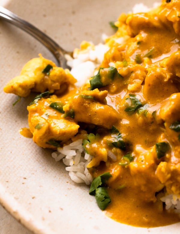 white rice topped with pumpkin curry and chunks of chicken plus green herbs