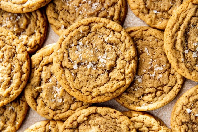 close up of chocolate chipless cookies in a pile