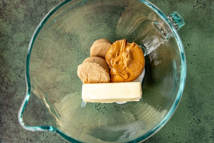 sugar, peanut butter, and butter in a clear bowl