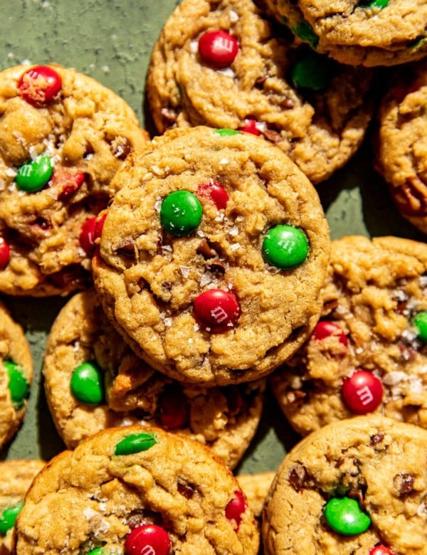 large cookies with green and red m&ms