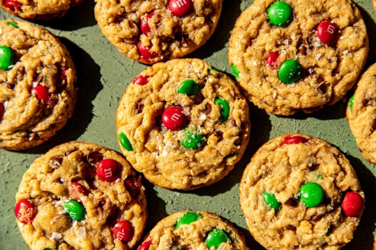large monster cookies with red and green m&ms