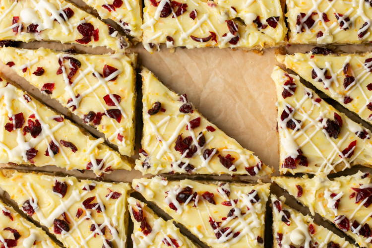 cranberry bliss bars cut into triangles