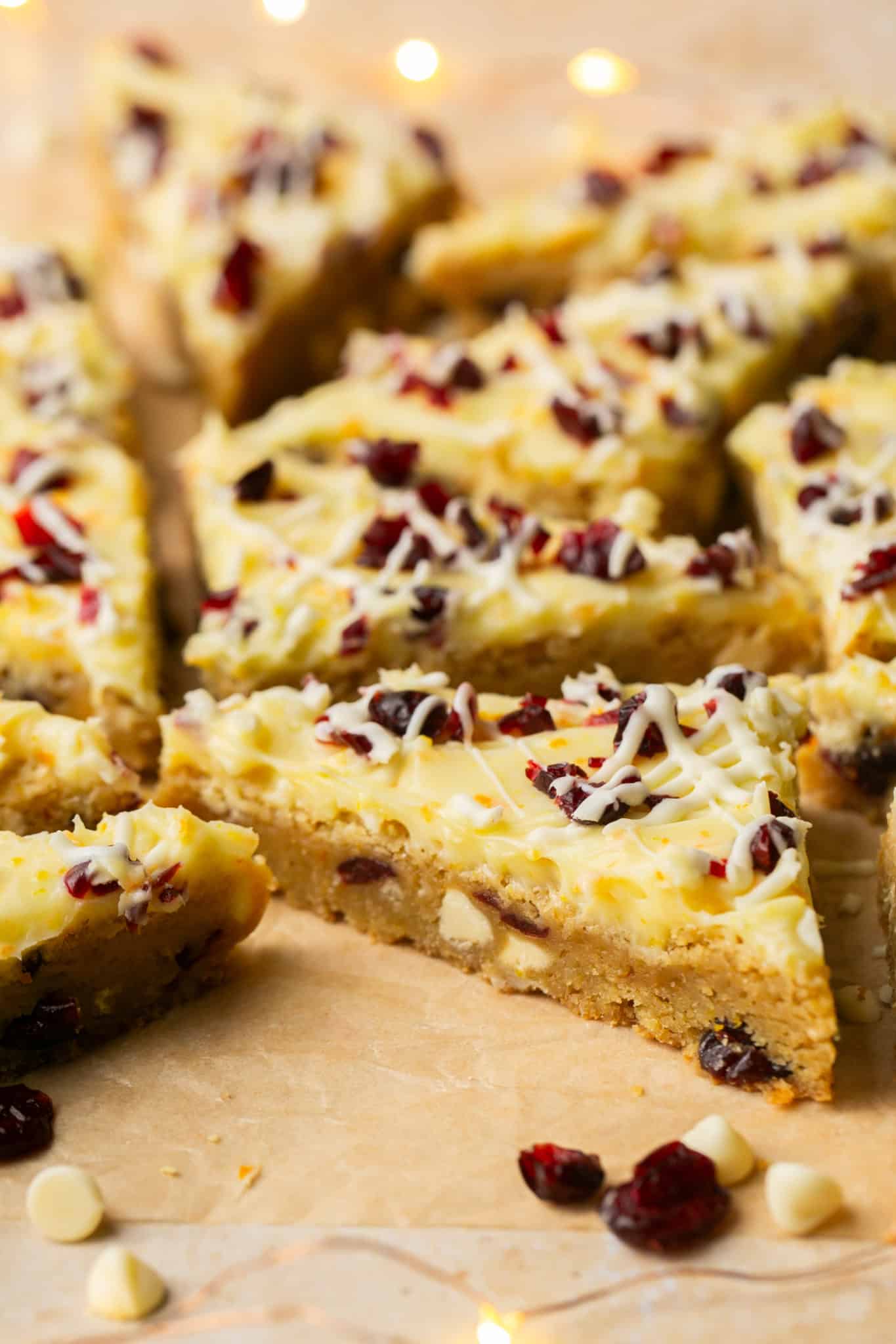 an up close image of bliss bars garnished with white chocolate and cranberries on top. 