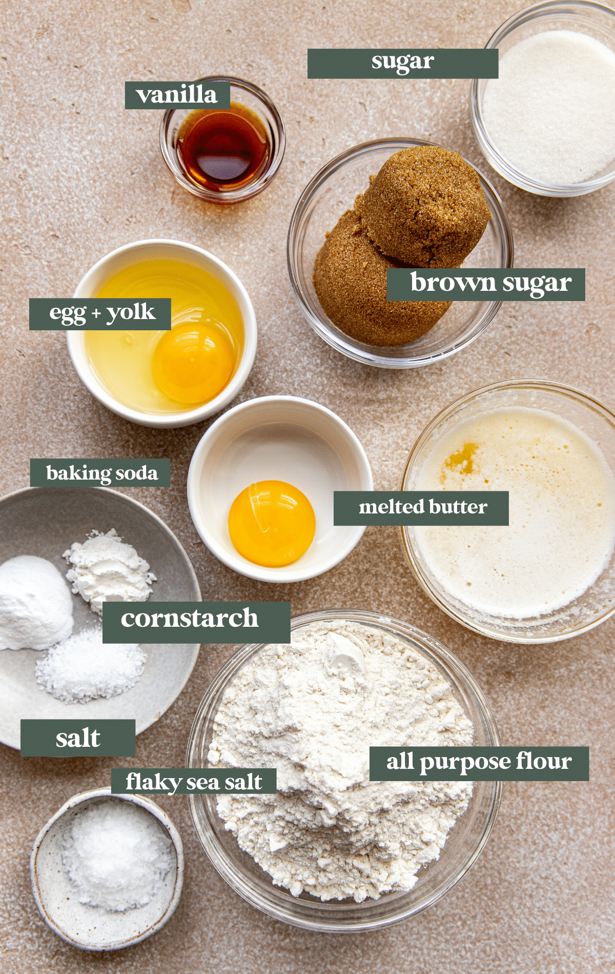 ingredients to make chocolate chipless cookies in small glass bowls. 