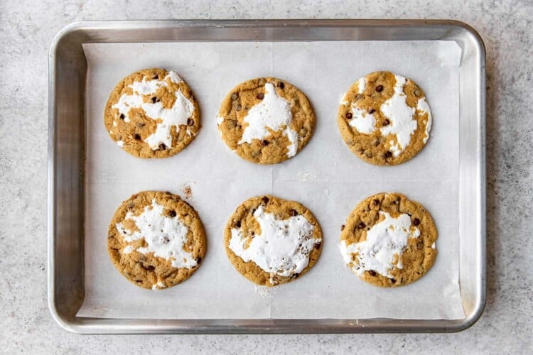 six fluffernutter cookies on a baking sheet