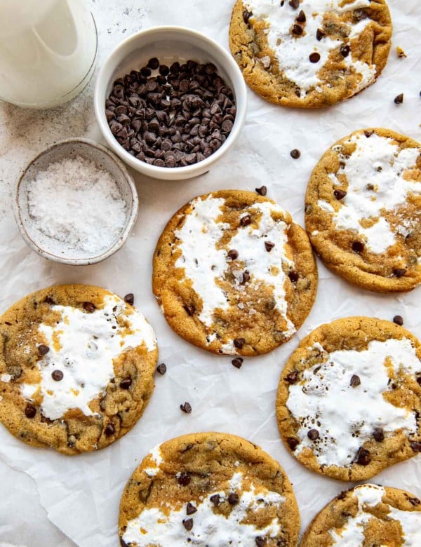 multiple fluffernutter cookies with mini chocolate chips