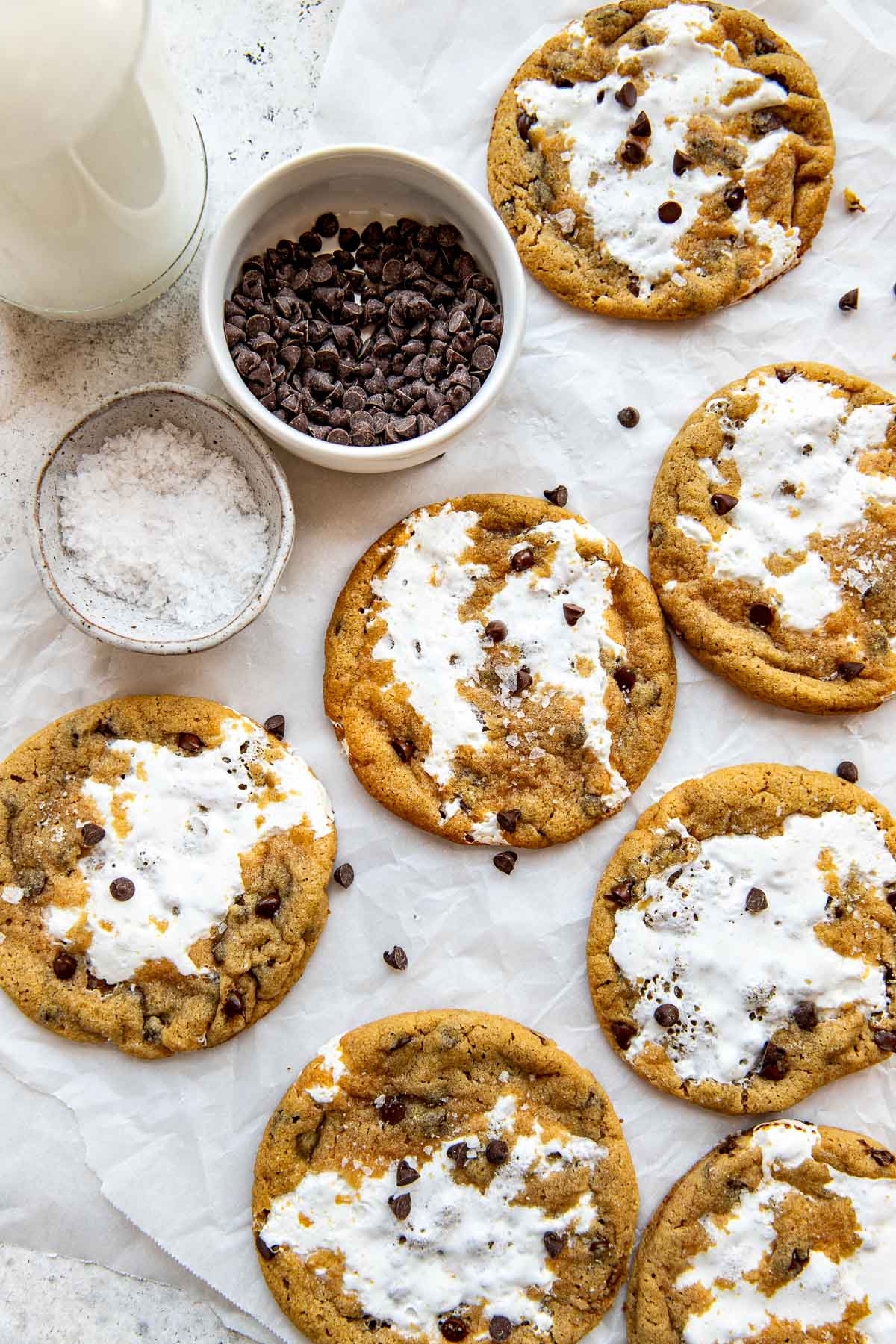 multiple fluffernutter cookies with mini chocolate chips