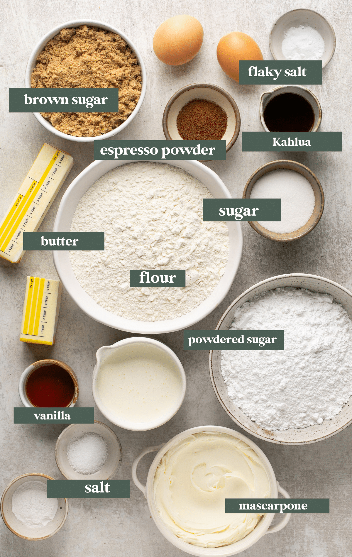 Ingredients in small bowls needed to make tiramisu cookies. 