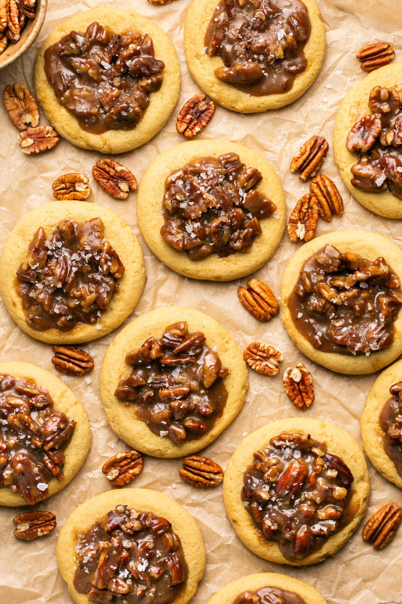 a photo of cookies made with pecan pie filling on parchment paper. 
