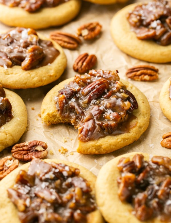 close up of pecan pie cookie with bite taken out