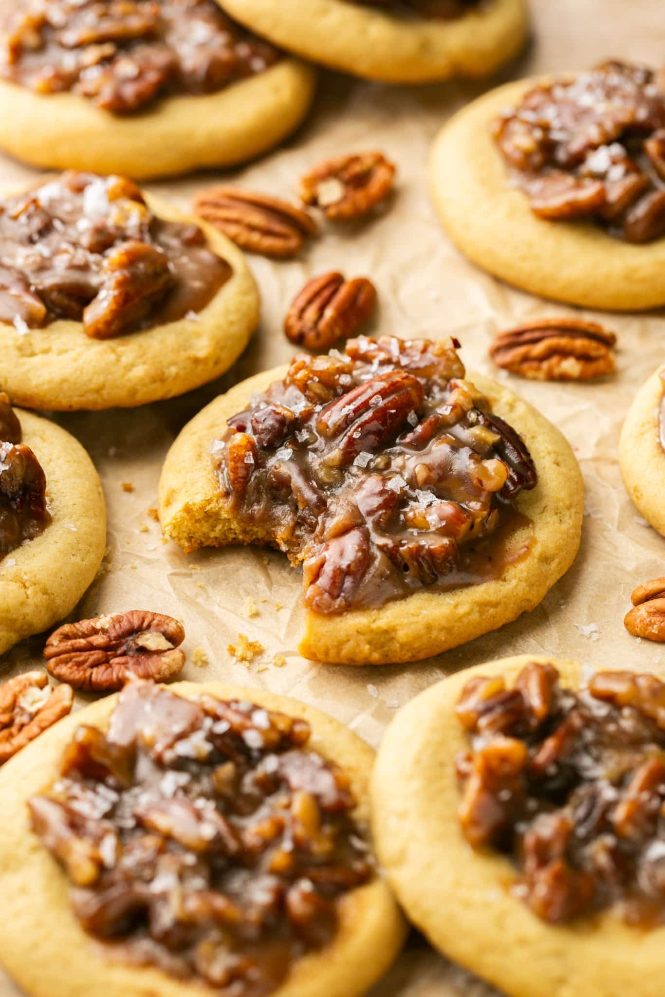 close up of pecan pie cookie with bite taken out