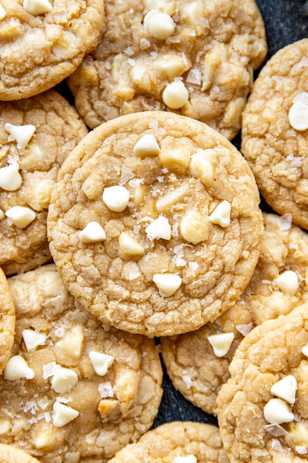 an up close image of a cookie made with white chocolate and macadamia nuts. 