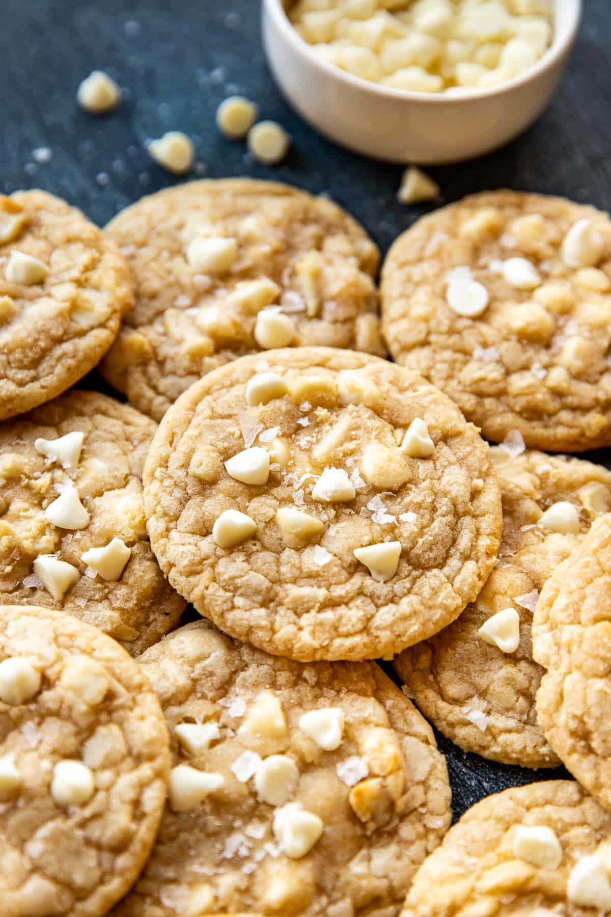 white chocolate cookies made with macadamia nuts and finished with flaky sea salt. 