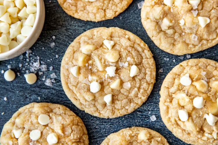 overhead shot of large cookies with white chocolate chips