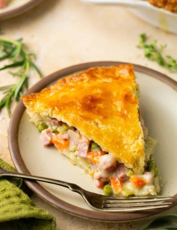 slice of ham pot pie on a speckled plate