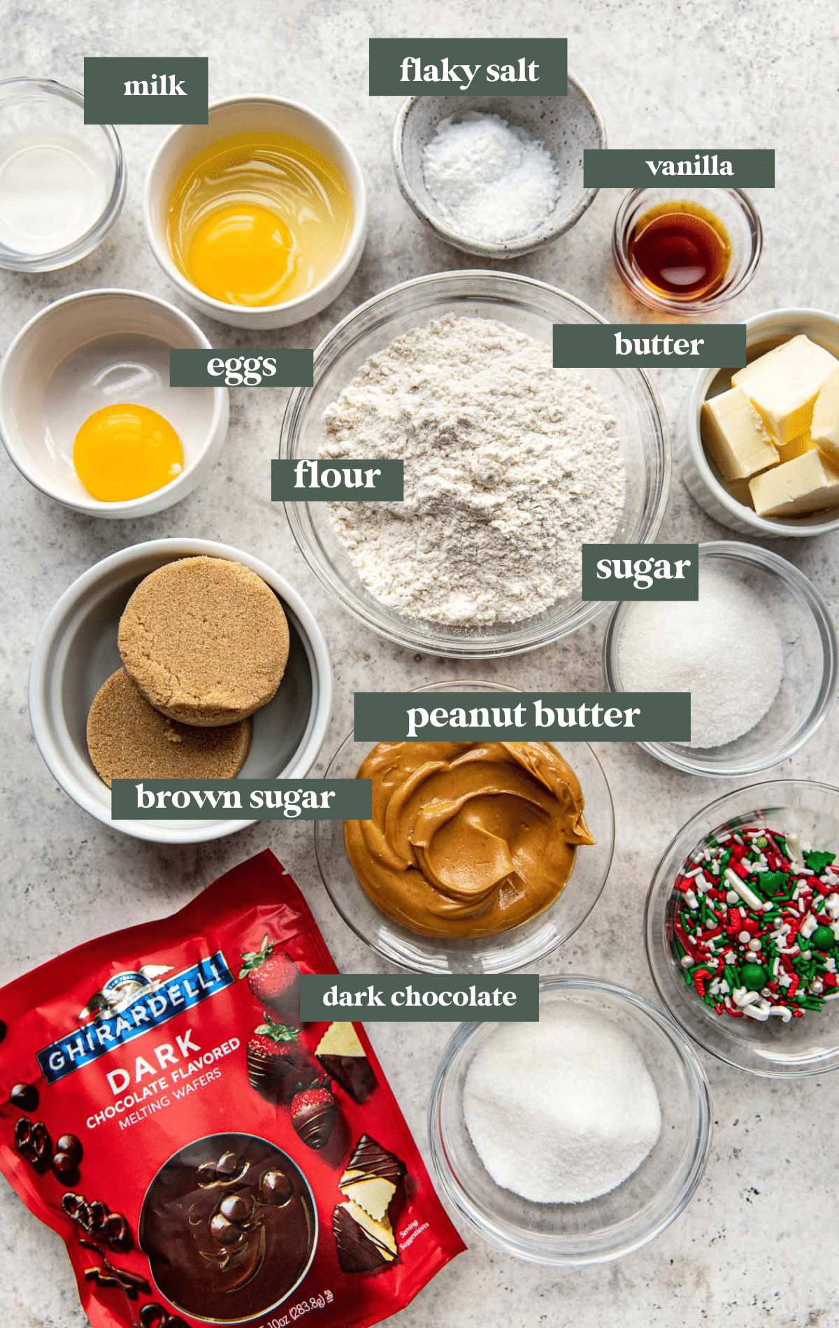 ingredients to make cookies in glass bowls. 