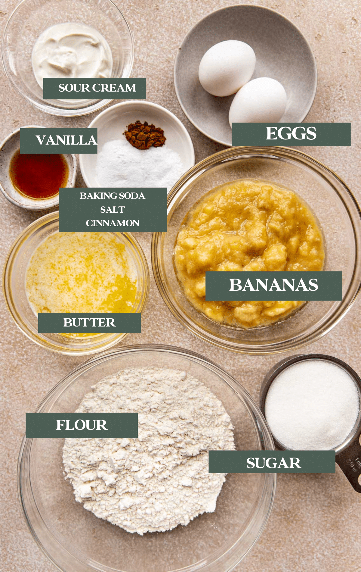 ingredients to make banana bread in glass mixing bowls. 