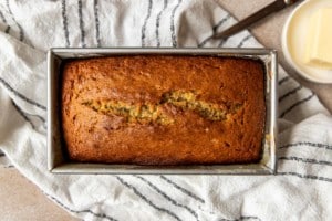 loaf pan with baked banana bread