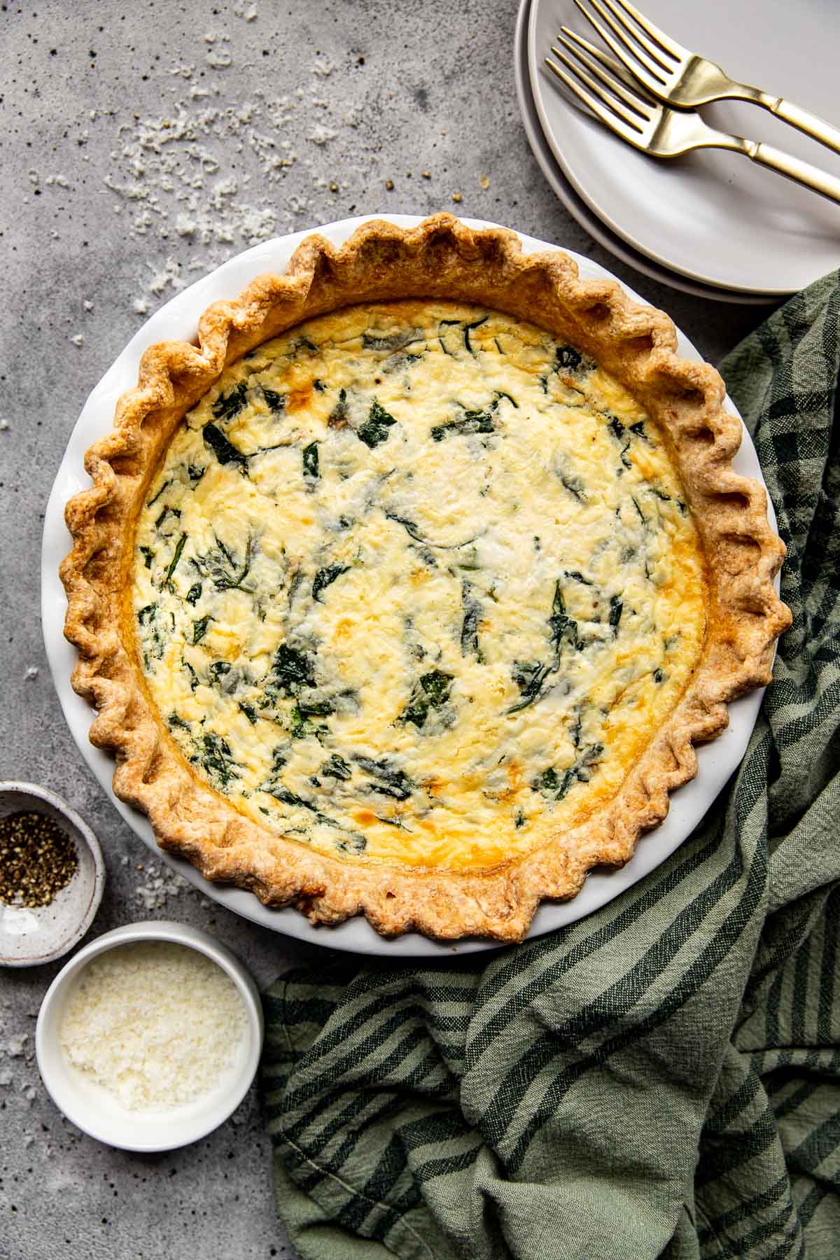 baked quiche in a pie plate. 