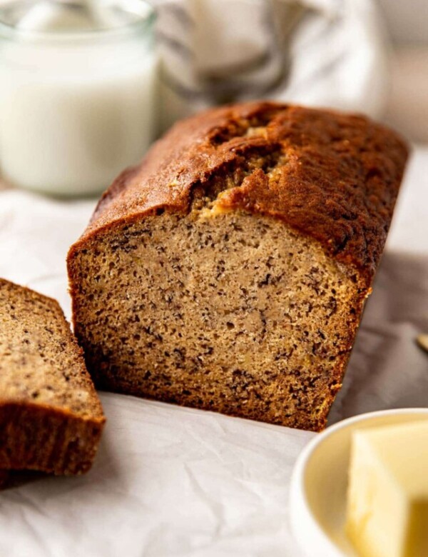 loaf of banana bread with slice cut off