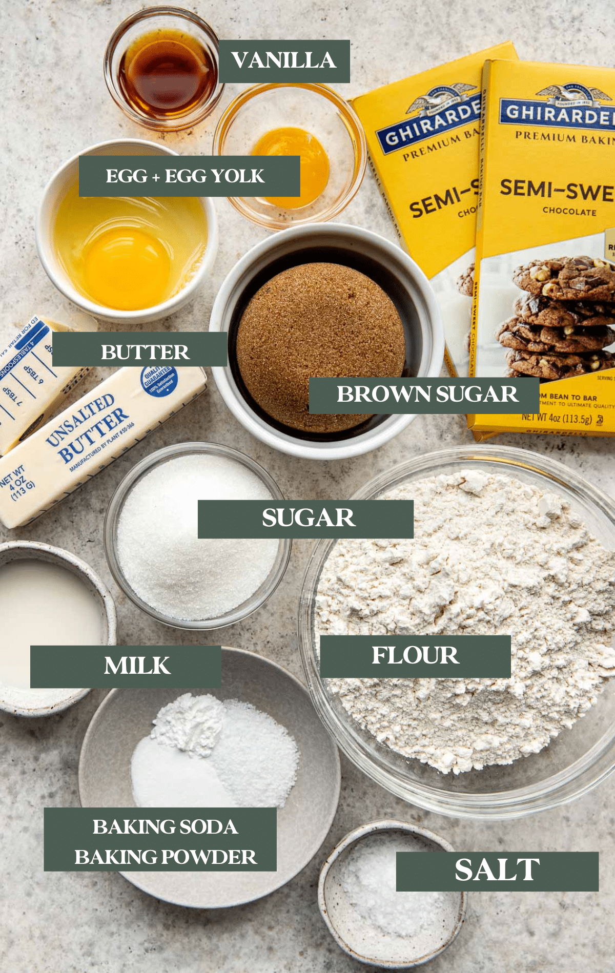 all of the ingredients to make brown butter cookies in small glass bowls. 