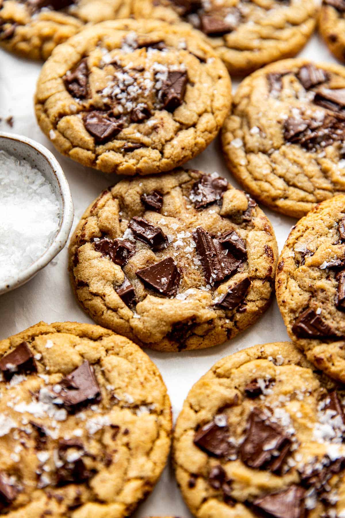cookies made with brown butter and semi sweet chocolate chunks topped with flaky sea salt. 