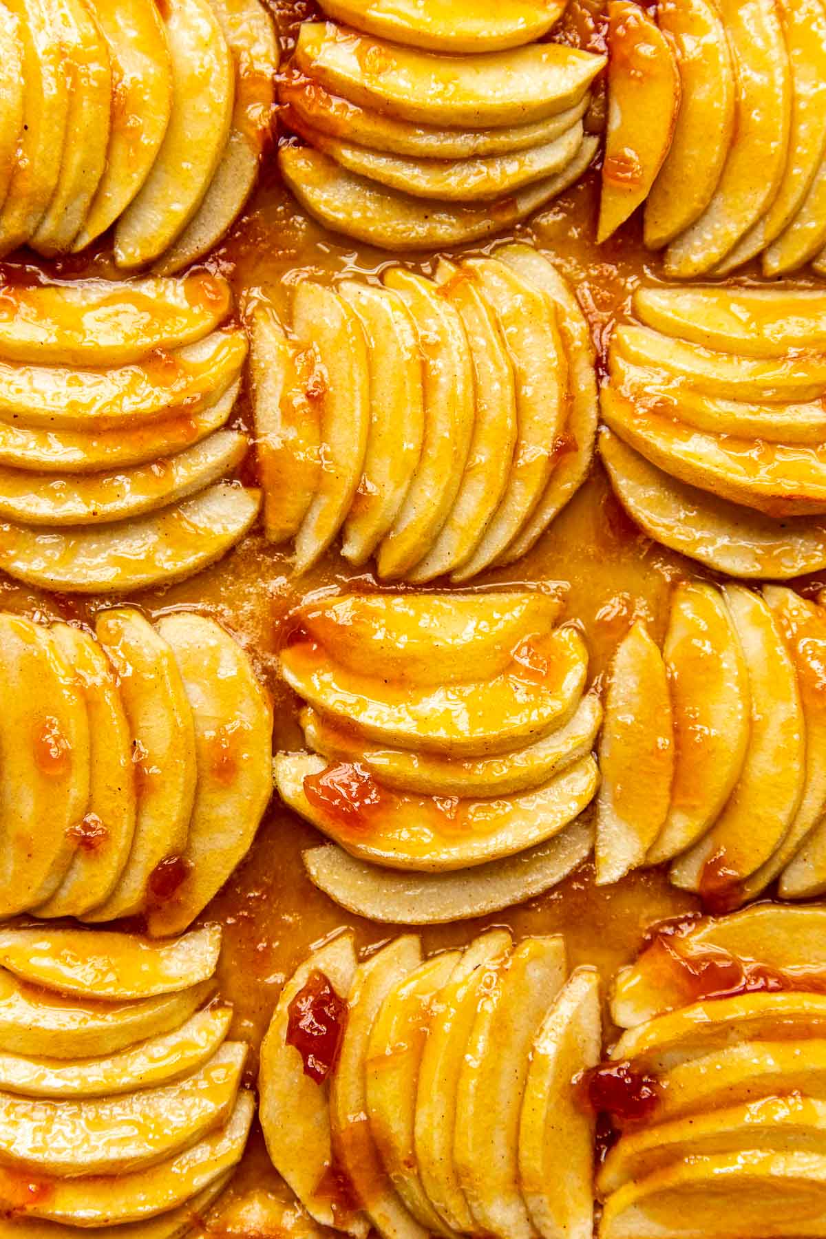 a close up image of a baked apple tart with apricot preserved on top. 