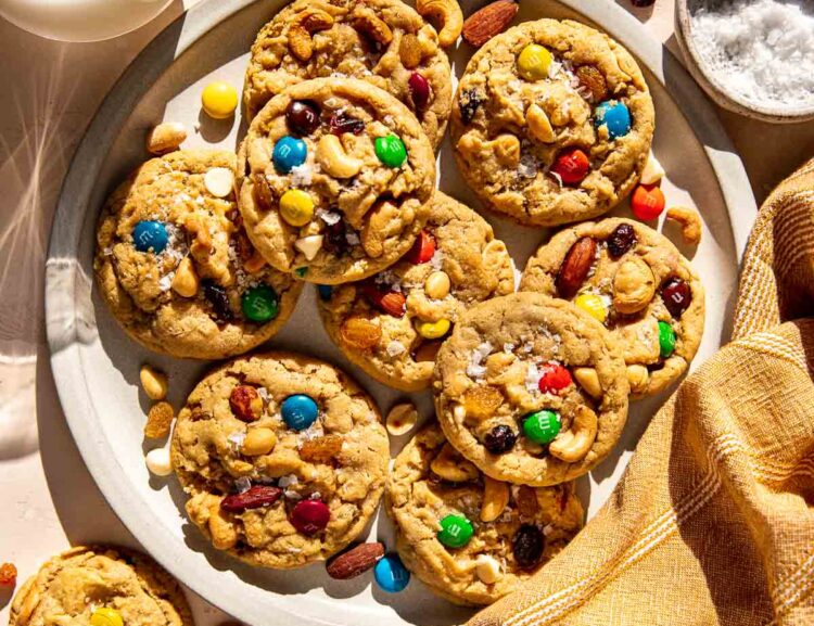 trail mix cookies on a white plate.