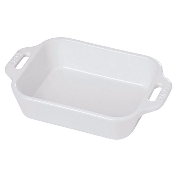 white ceramic 9x13 casserole dish with handles.