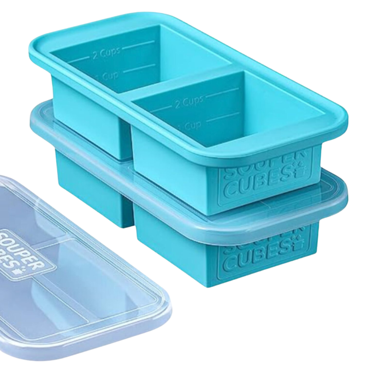 two sets of turquoise souper cubes and one lid