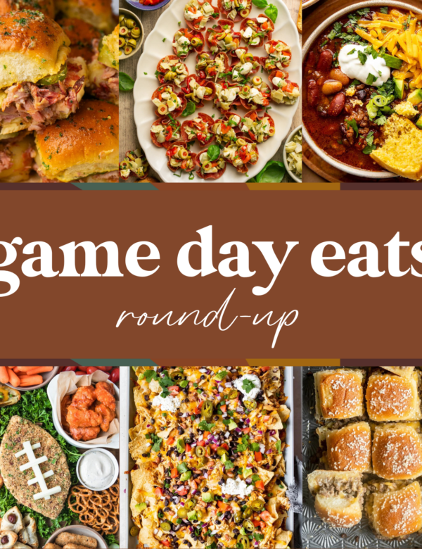 images of six appetizer dishes with text in the center reading game day eats round-up