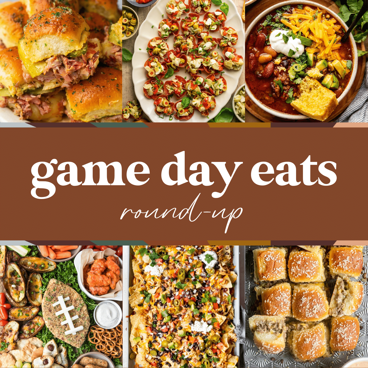 images of six appetizer dishes with text in the center reading game day eats round-up